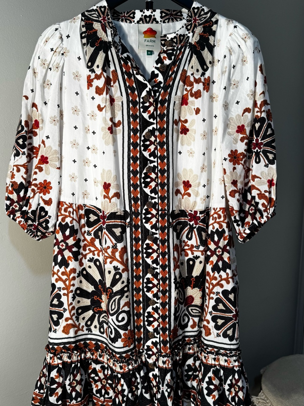 FARM Rio Embroidered Boho Mini Dress Size M Button Front Puff
